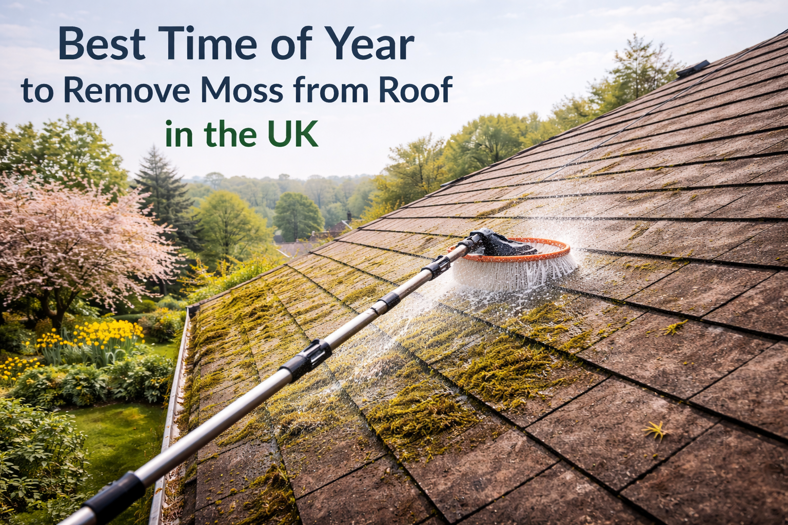 Softwash brush cleaning moss from a tiled roof in the UK during mild spring weather