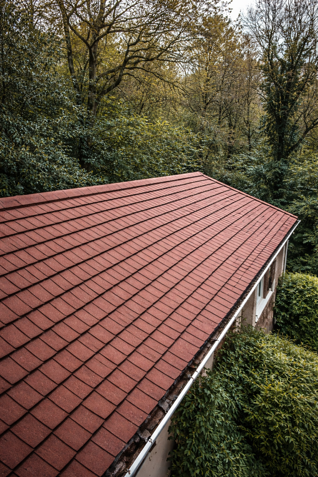 Roof cleaned after moss removal beneath trees with clearer tiles and reduced growth