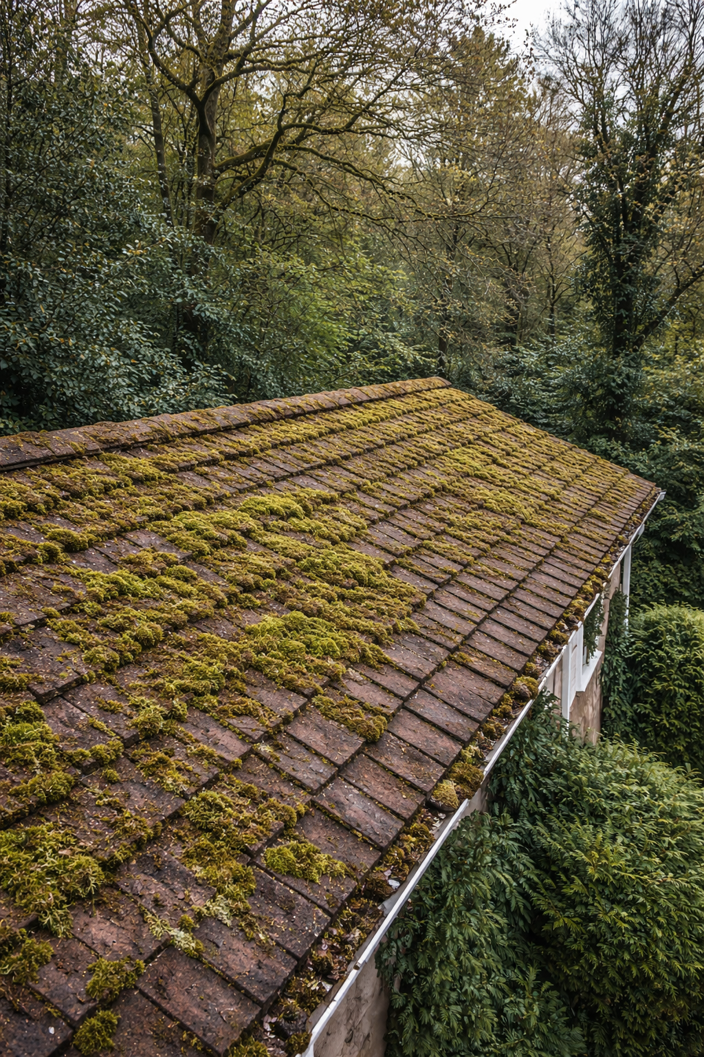 Roof covered in moss beneath trees in woodland setting before cleaning