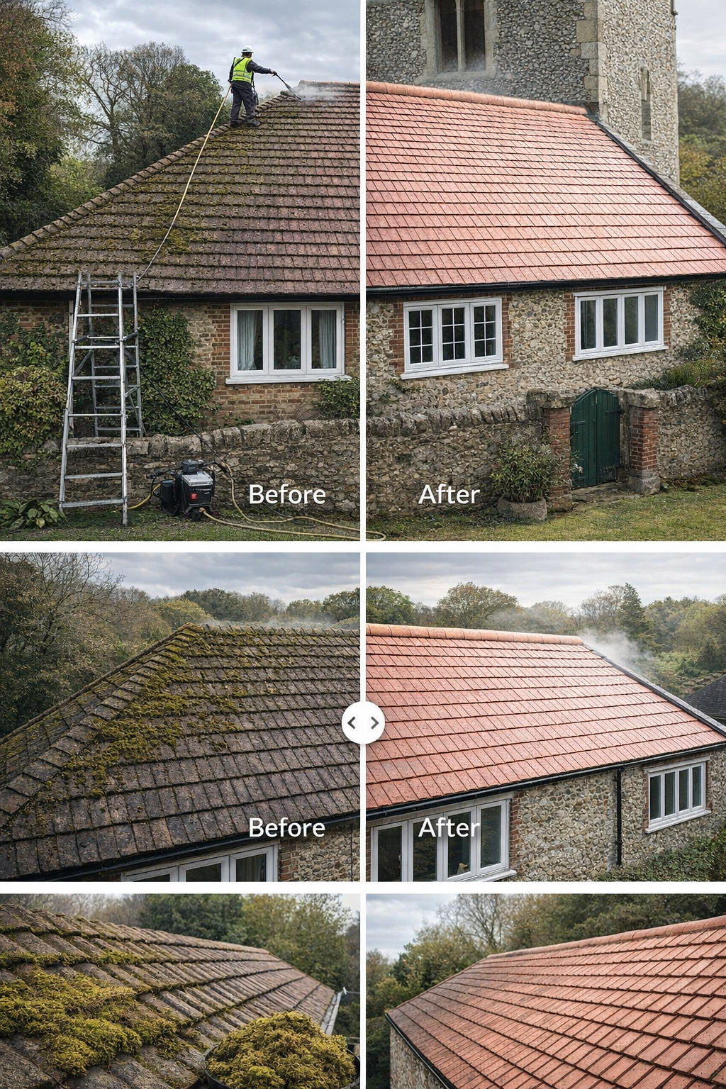 Roof cleaning before and after showing moss removal and restored tiles