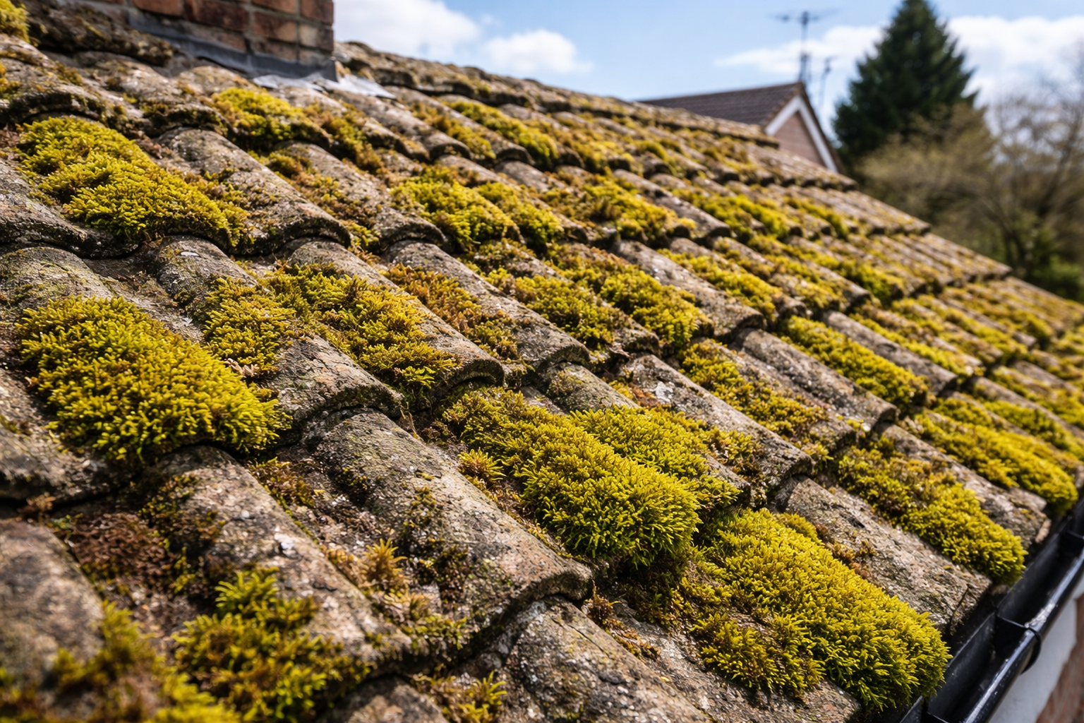Moss growing on roof tiles UK climate