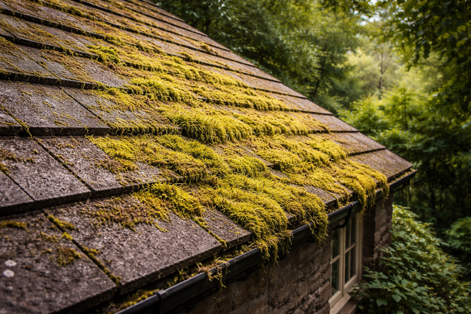 Moss growing on a shaded north-facing tiled roof slope on a UK house