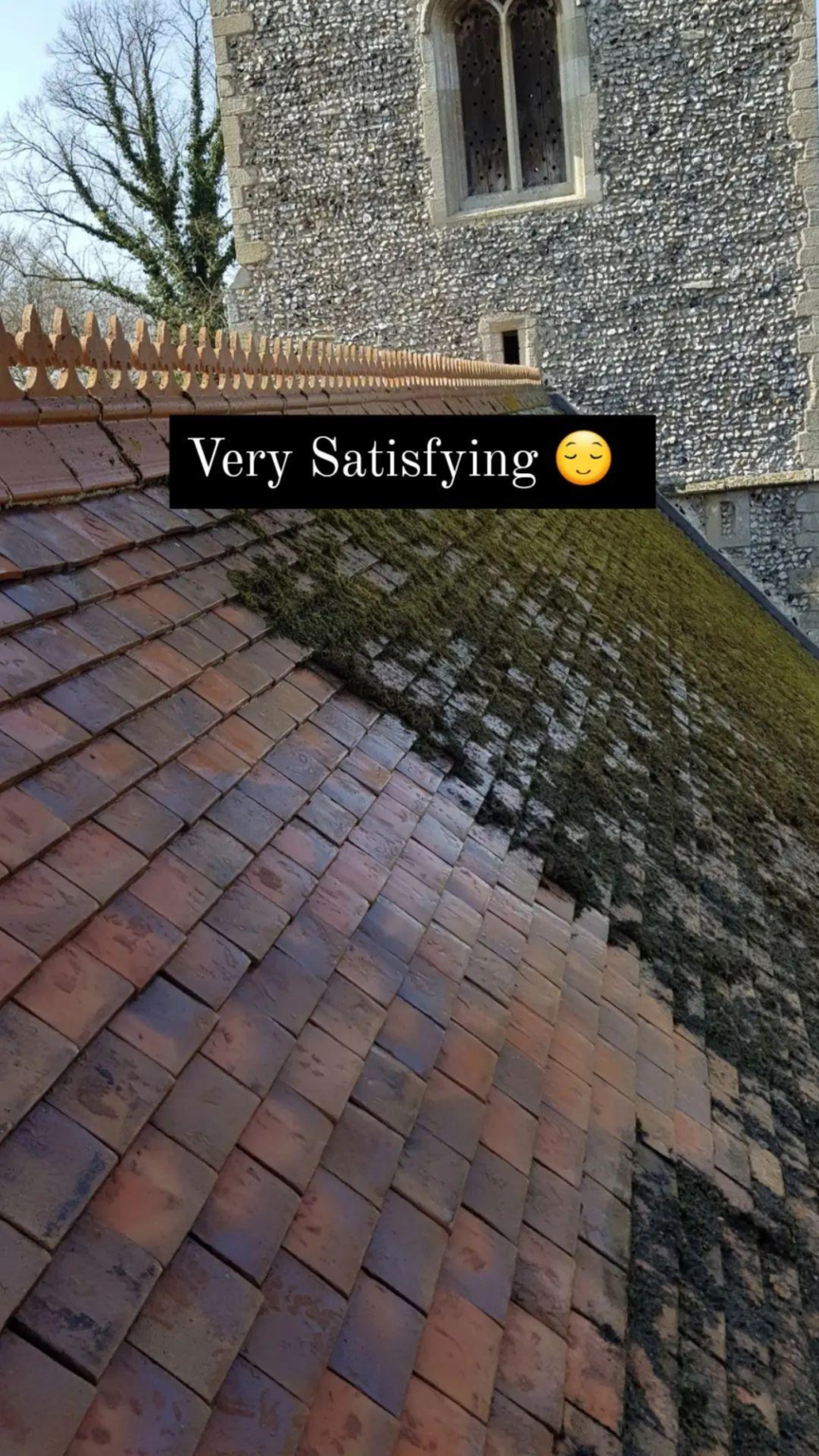 Moss removal transition on clay roof tiles showing clean and moss-covered sections UK