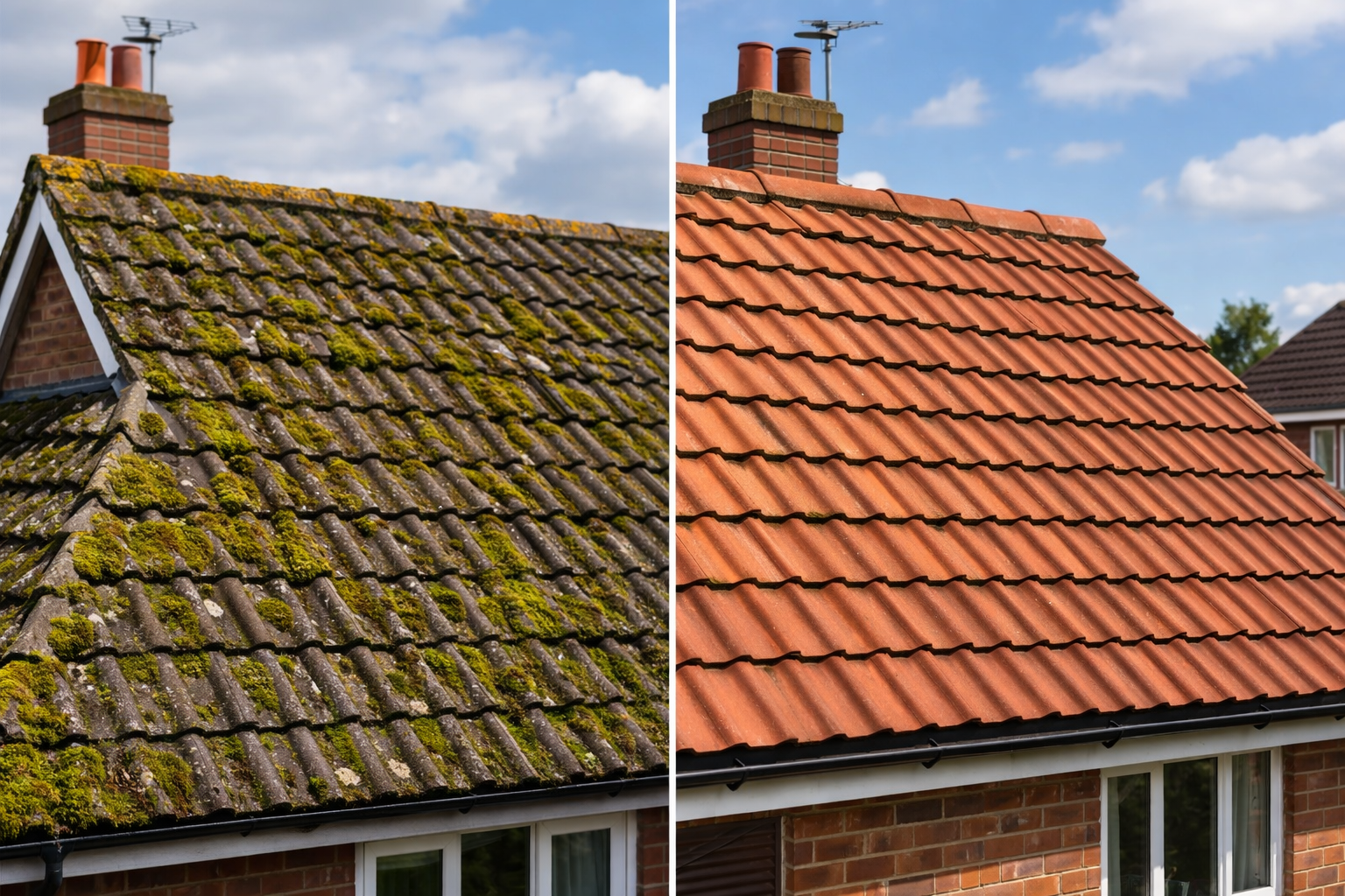 Roof cleaning before and after moss removal UK