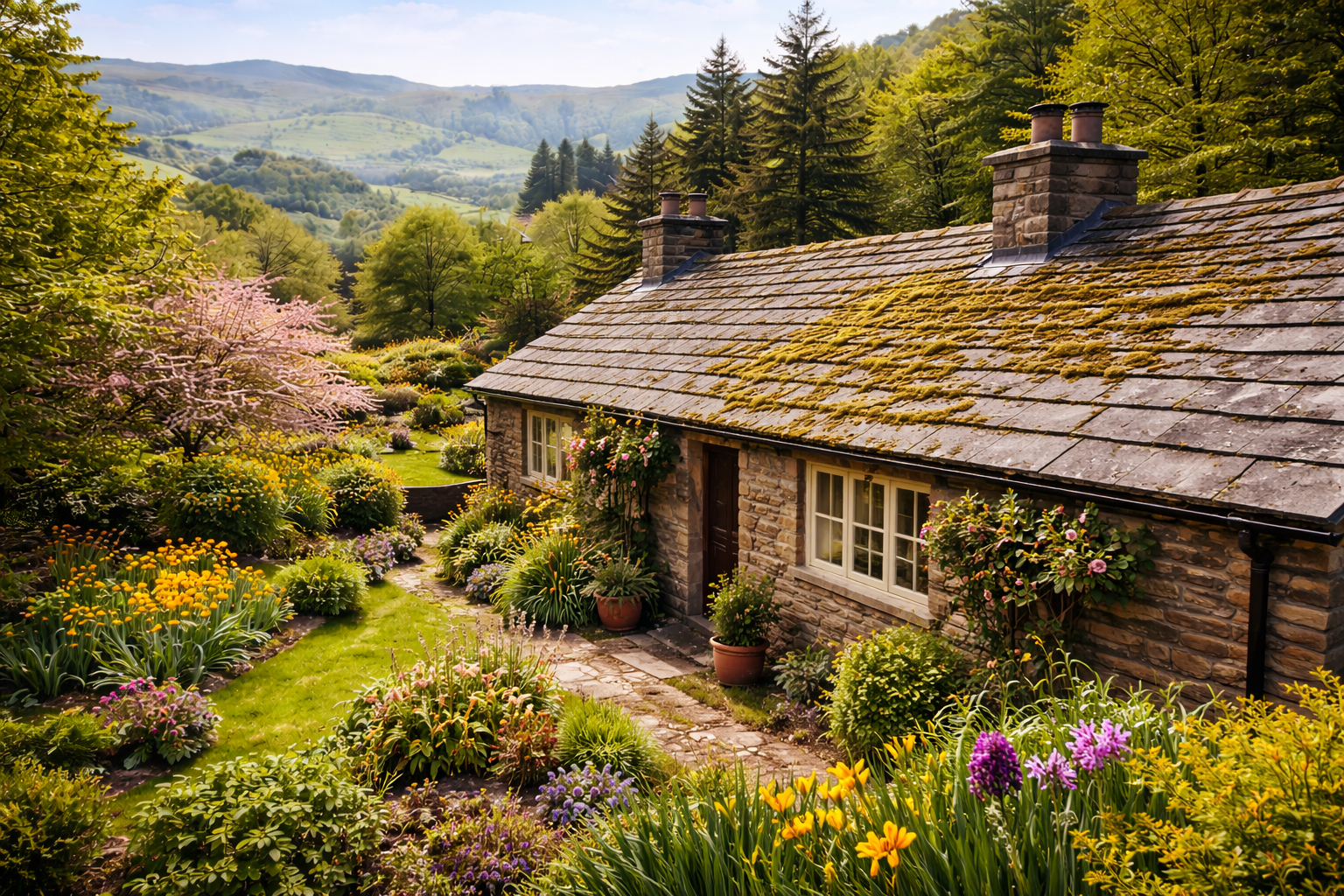 Roof moss removal being carried out during dry daylight conditions on a tiled UK roof