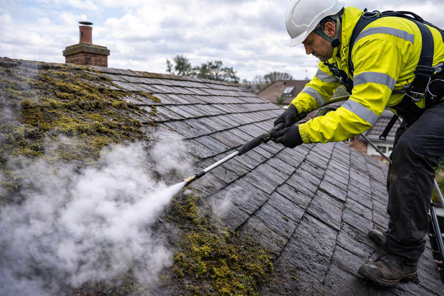 Steam roof cleaning low pressure method