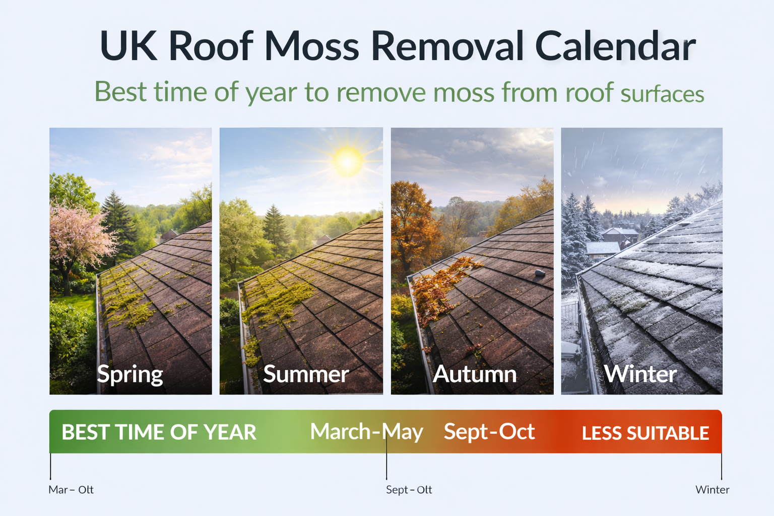 UK roof moss removal calendar showing the best time of year to remove moss from roof surfaces in spring and early autumn