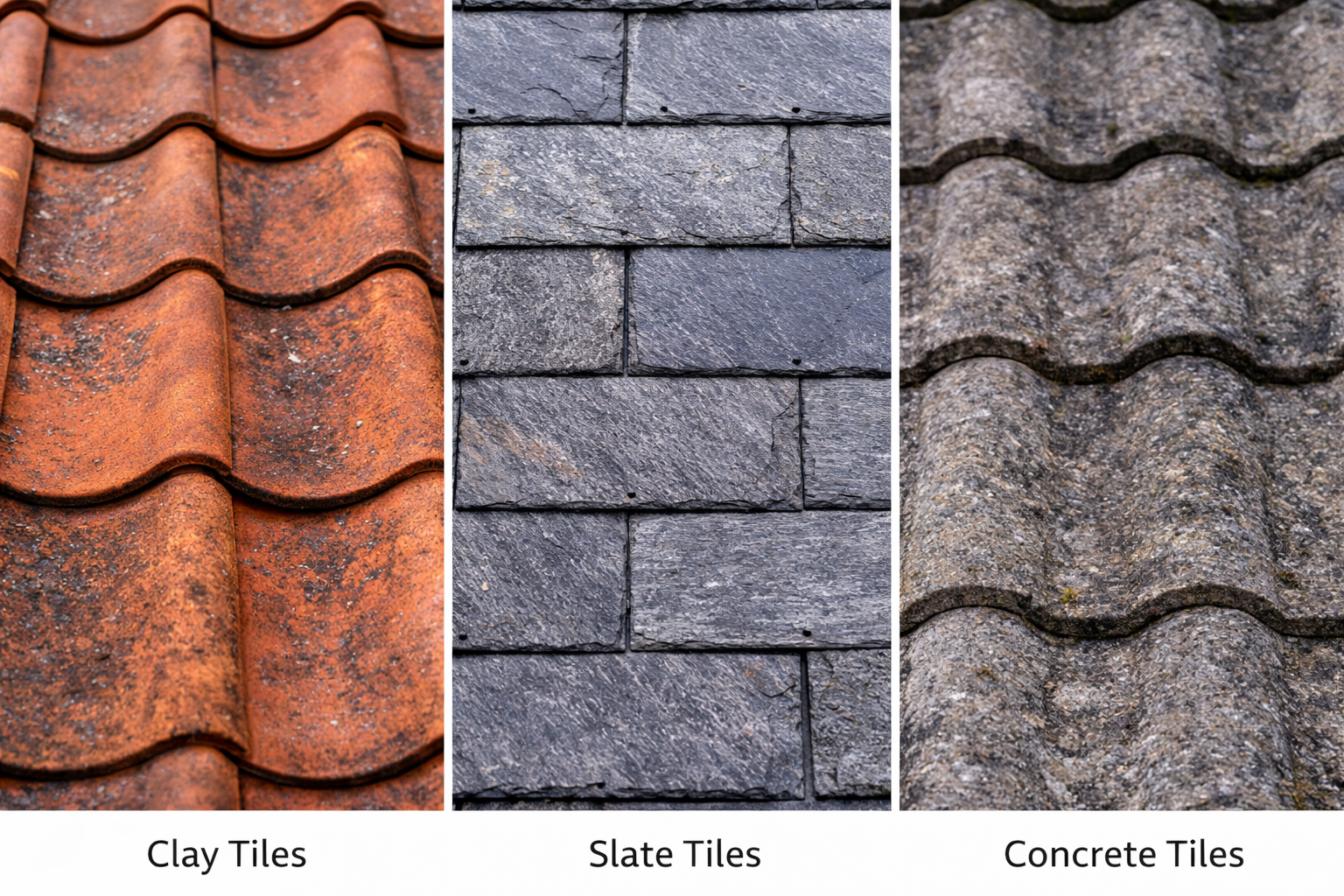 Different roof tile types clay slate concrete UK